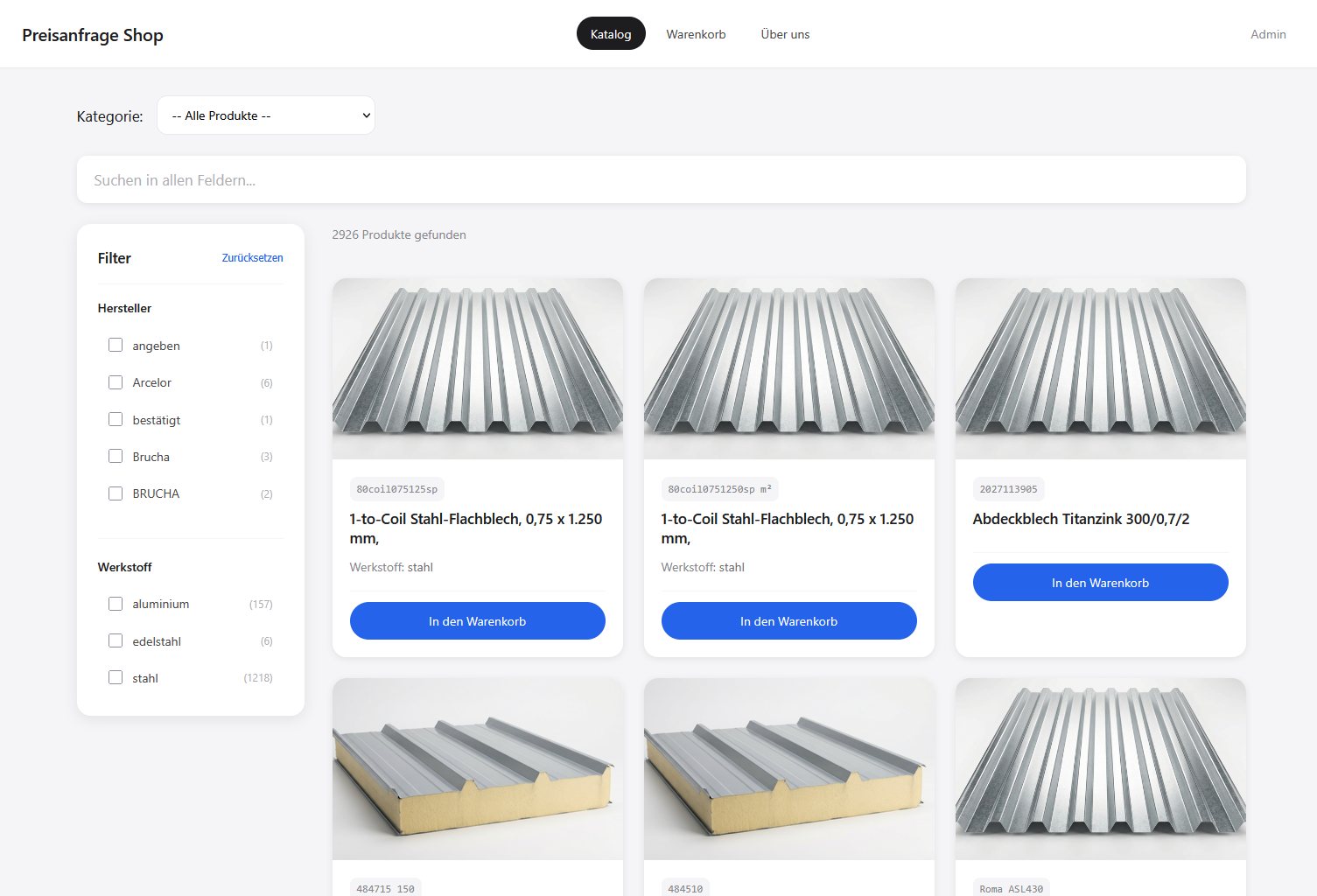 Katalogansicht mit Suche, Filtern und Produktkarten